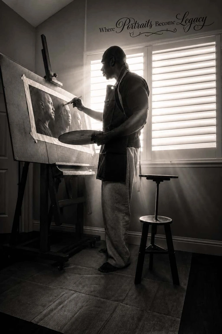 Dwayne Adams beside an easel, as shown on the DNA Premium Portraits About page