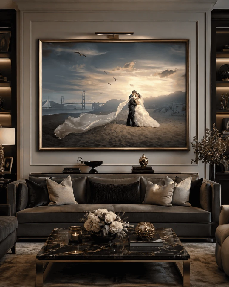 Golden Gate beach wedding portrait in a gold frame above a charcoal sofa